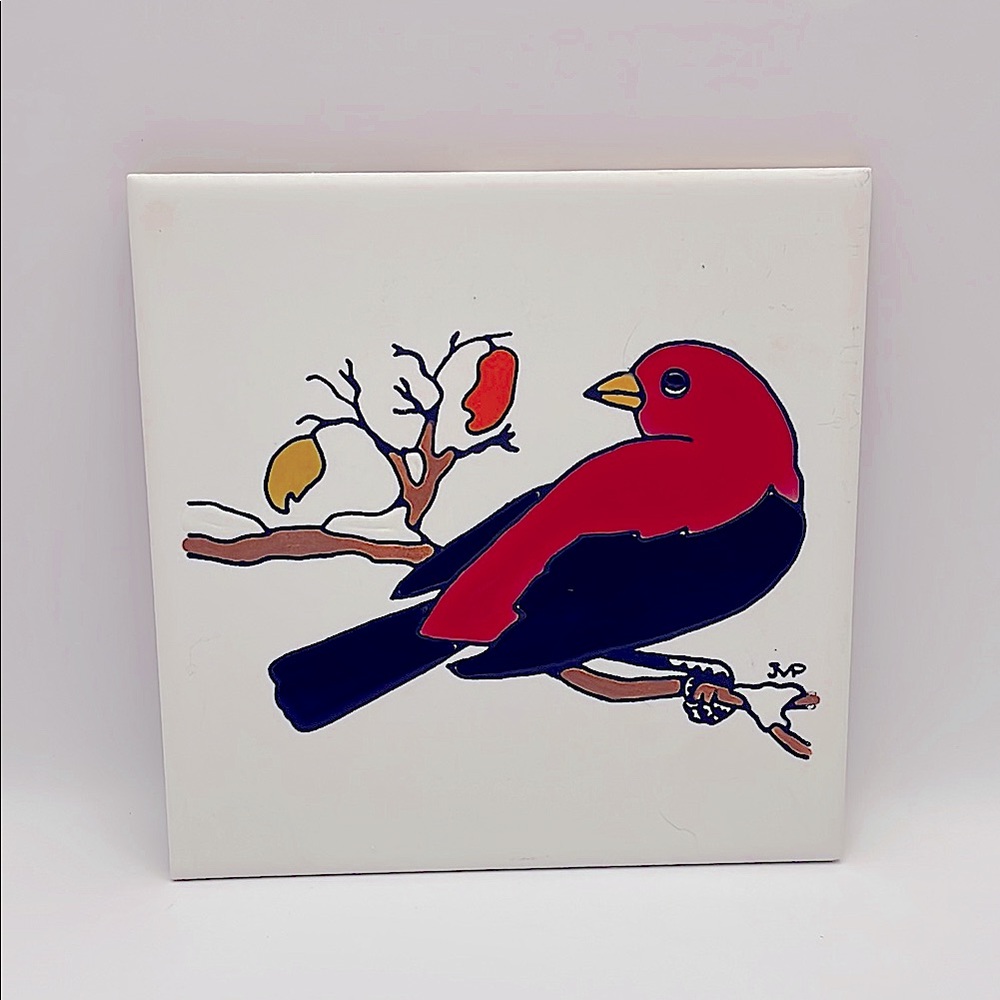 Vintage, Hand Painted, “Mako” Clearwater, FL, Ceramic Tile, Scarlet Tanager Bird